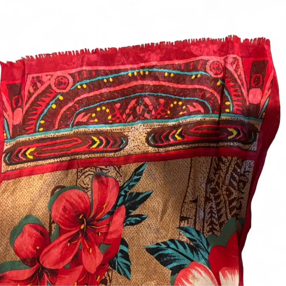 Oscar de la Renta Silk Scarf Vintage Red Gold Floral Paisley Oblong 53” Luxury - Picture 3 of 10